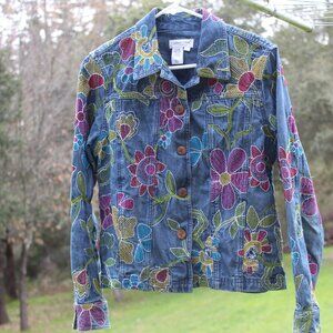 Coldwater Creek Embroidered Colorful Floral Jean Jacket Flowers Size S. Vintage